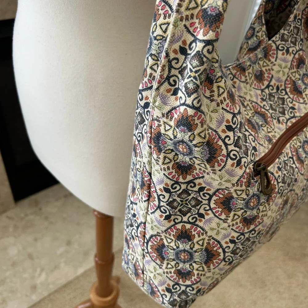 Sakroots Atlas Hobo Mosaic Cambria Print Hobo Bag with Brown Leather Straps